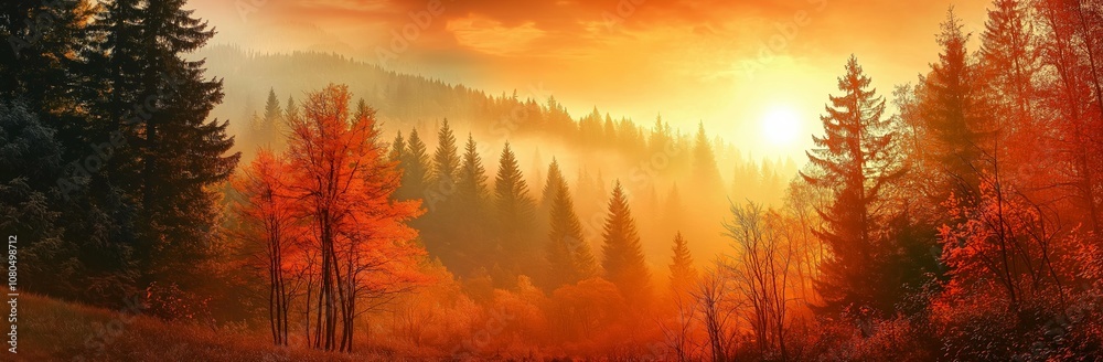 A breathtaking autumn forest landscape drenched in the glow of the setting sun creating warm ambiance.