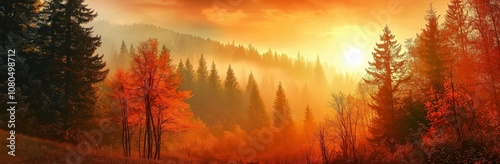 A breathtaking autumn forest landscape drenched in the glow of the setting sun creating warm ambiance.