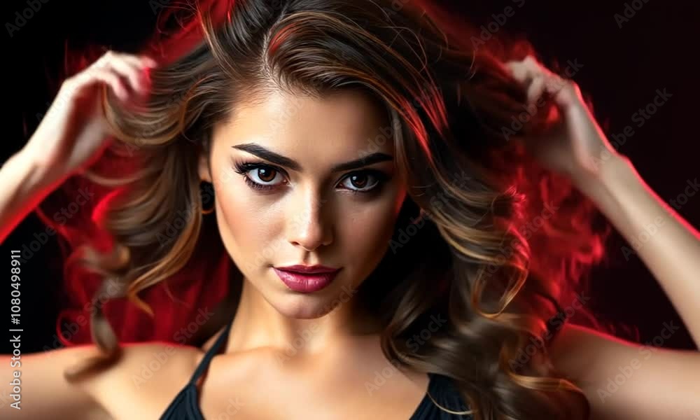 Captivating portrait of a model with flowing hair against a dramatic dark background in a creative lighting setup Captivating portrait of a model with flowing hair against a dramatic dark background in a creative lighting setup