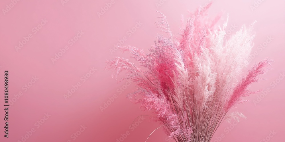 Fototapeta premium Pampas grass in pink and white hues arranged against a subtle, soothing pink background, suggesting elegance and grace.