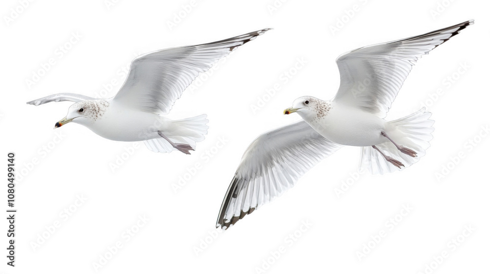 Obraz premium Two flying seagulls isolated on white background