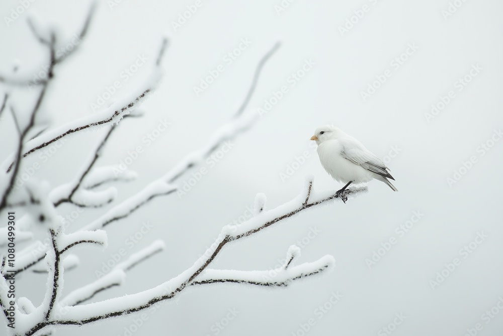 A peaceful winter scene featuring a bird perched on a branch covered in pristine white snow. A peaceful winter scene featuring a bird perched on a branch covered in pristine white snow.