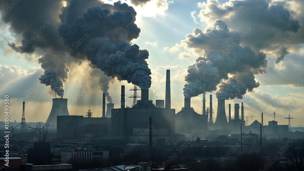 Smoke Billows from Factory Chimneys Against a Cloudy Sky, Industrial Scene Smoke Billows from Factory Chimneys Against a Cloudy Sky, Industrial Scene
