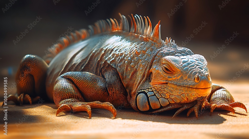 Fototapeta premium A large green iguana with a spiky crest and scales lies on sand.