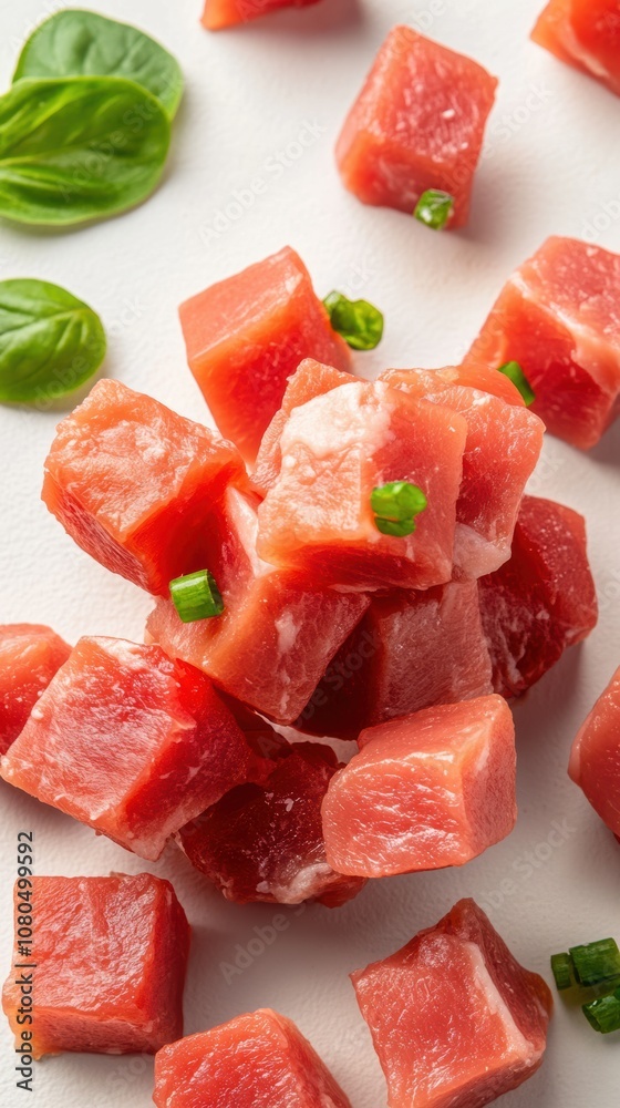 Freshly cut cubes of raw fish, garnished with vibrant green herbs, ideal for culinary displays, food blogs, or menu designs, highlighting fresh ingredients and sushi preparations, Freshly cut cubes of raw fish, garnished with vibrant green herbs, ideal for culinary displays, food blogs, or menu designs, highlighting fresh ingredients and sushi preparations,