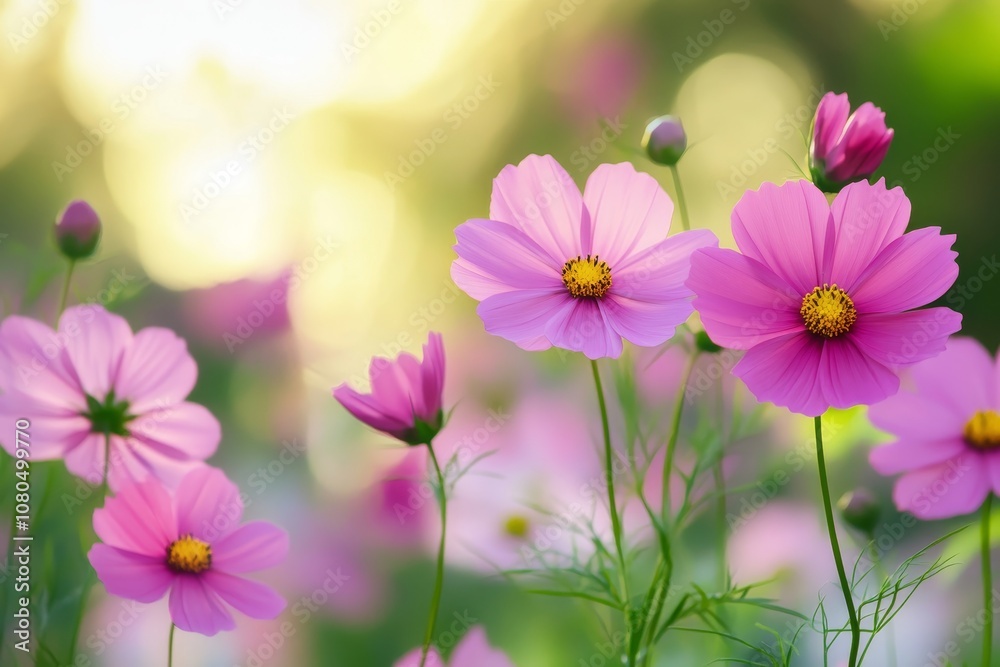 Vibrant pink cosmos flowers with soft bokeh in morning light for floral designs and nature projects Vibrant pink cosmos flowers with soft bokeh in morning light for floral designs and nature projects