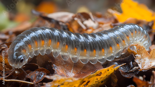 Observing a Paragordius Tricuspidatus Worm in its Natural Habitat Among Wet Leaves in a Lush Forest photo