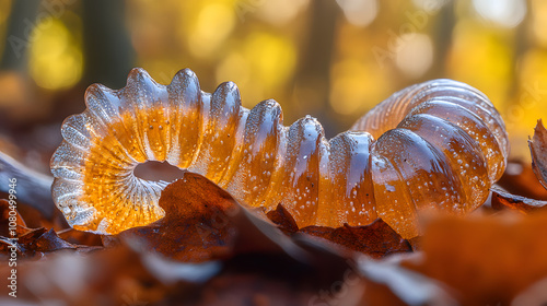 Observing a Paragordius Tricuspidatus Worm in its Natural Habitat Among Wet Leaves in a Lush Forest photo