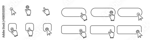 A set of click cursor buttons with hand pointer icons in various clicking positions, including a Click Here web button sign. Vector illustration.