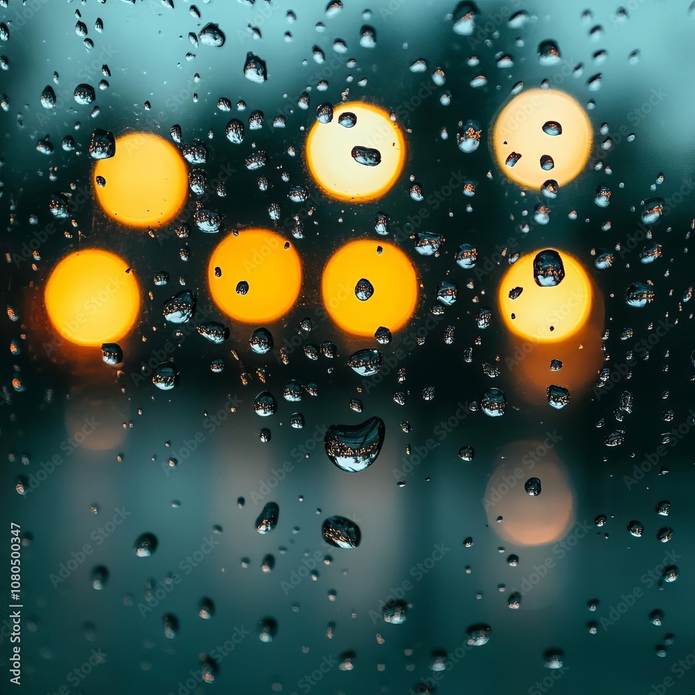 Reflective raindrops on a car window, backlit streetlights casting a nostalgic glow Reflective raindrops on a car window, backlit streetlights casting a nostalgic glow