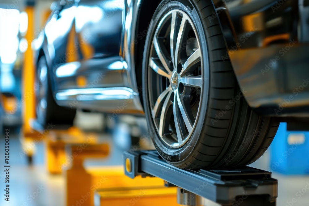 Fototapeta premium Modern Alloy Wheel Close-Up on Car