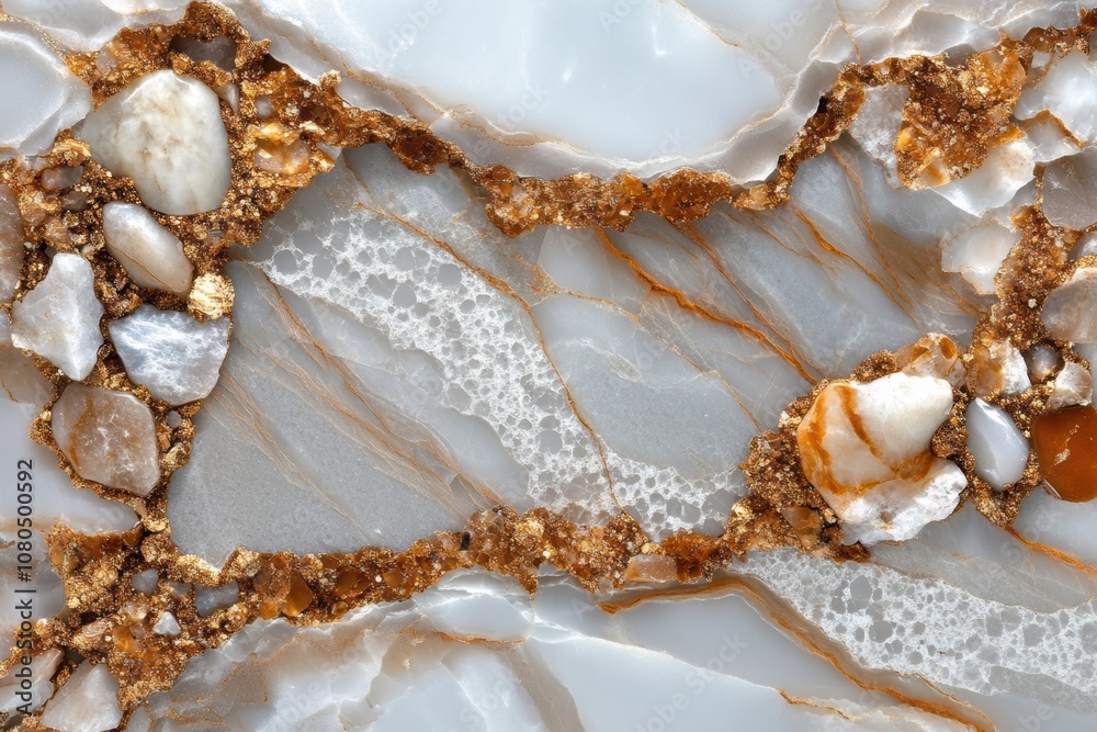 A close-up view of a unique stone surface featuring soft gray hues, gold accents, and various pebbles, Ideal for backgrounds in design, home decor projects, or as a natural texture for art, A close-up view of a unique stone surface featuring soft gray hues, gold accents, and various pebbles, Ideal for backgrounds in design, home decor projects, or as a natural texture for art,