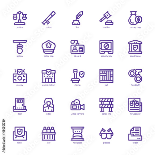 Justice and Law icon pack for your website, mobile, presentation, and logo design. Justice and Law icon basic line gradient design. Vector graphics illustration and editable stroke.