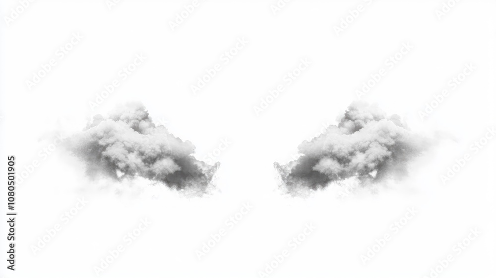 Two fluffy clouds on a white background, creating a serene and minimalist aesthetic. Two fluffy clouds on a white background, creating a serene and minimalist aesthetic.