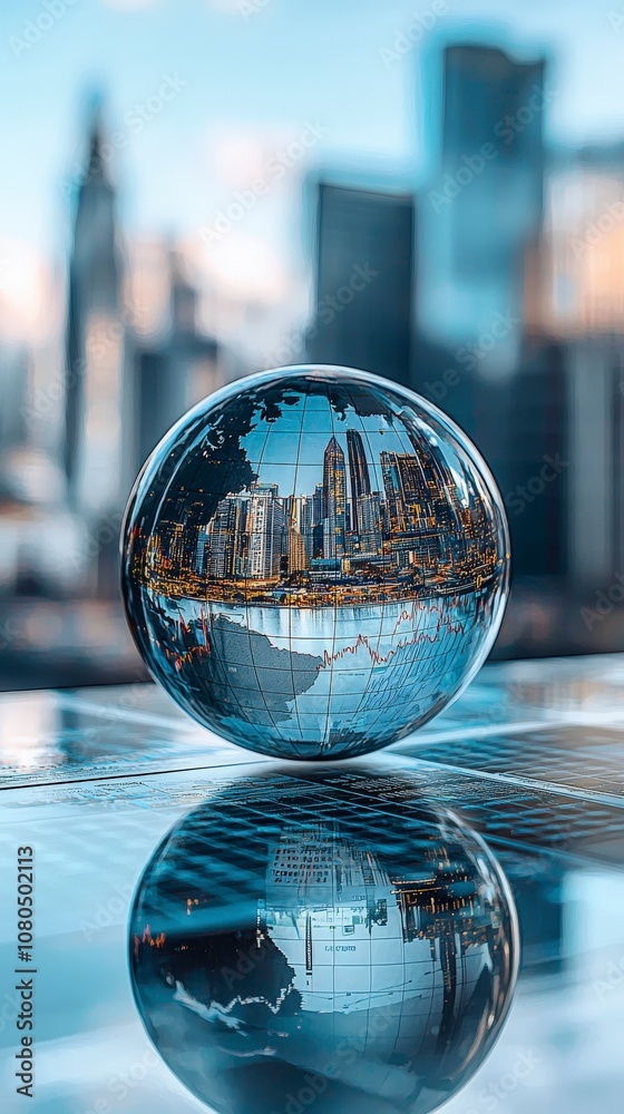A reflective glass sphere encases a towering city skyline, merging urban grandeur with analytical charts, reflecting the synergy of city life and market dynamics.