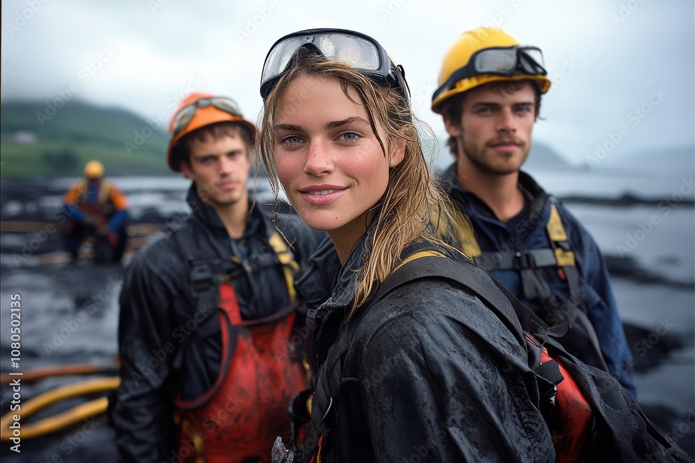 Three determined individuals in protective gear stand together, ready for a challenging environmental cleanup task, showcasing teamwork and resilience Three determined individuals in protective gear stand together, ready for a challenging environmental cleanup task, showcasing teamwork and resilience