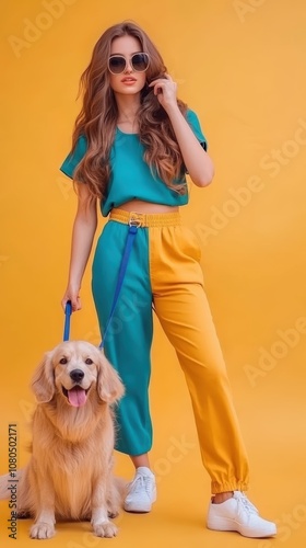 A young woman poses confidently with a golden retriever against a vibrant yellow background, The playful tones and stylish outfit highlight themes of friendship and outdoor enjoyment photo