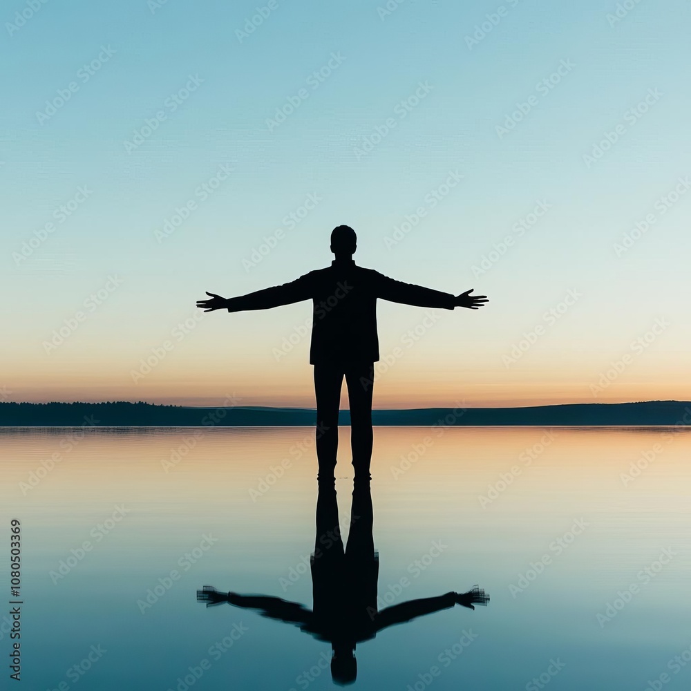 Silhouette of a person with outstretched arms, backlit by sunrise, reflective water creating a mirror effect Silhouette of a person with outstretched arms, backlit by sunrise, reflective water creating a mirror effect
