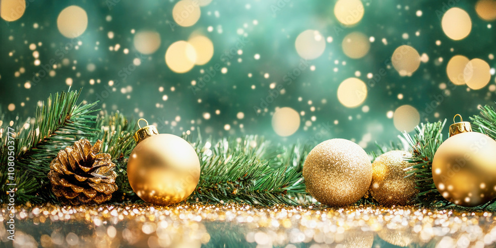 Sparkling gold and green Christmas decoration with bokeh lights and shimmering details Sparkling gold and green Christmas decoration with bokeh lights and shimmering details