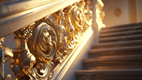 Grand golden baroque decorative element with complex volutes and floral carvings, attached to an opulent staircase railing, glowing in soft morning light. Opulent. Illustration photo