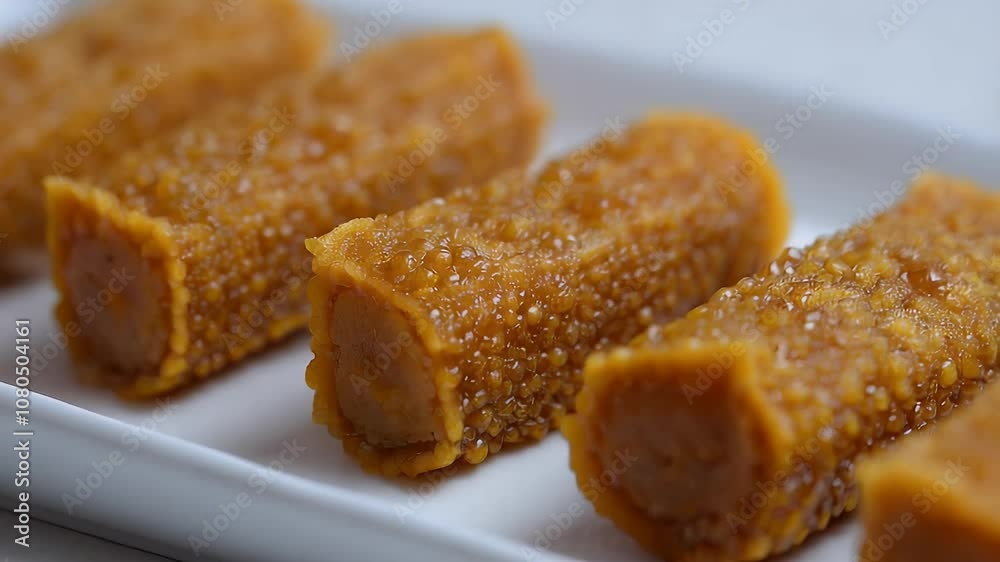Close-up of golden brown, sticky, cylindrical sweets, a popular sweet treat in many cultures. Close-up of golden brown, sticky, cylindrical sweets, a popular sweet treat in many cultures.