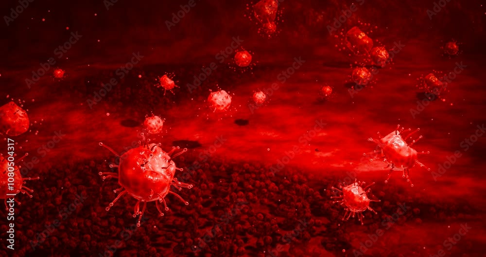 Simulation of HIV virus or COVID-19. Outbreak of the virus in the body. Immunodeficiency or AIDS destroys the body's immune system, which spreads and destroys the body's nervous system. 3D Rendering