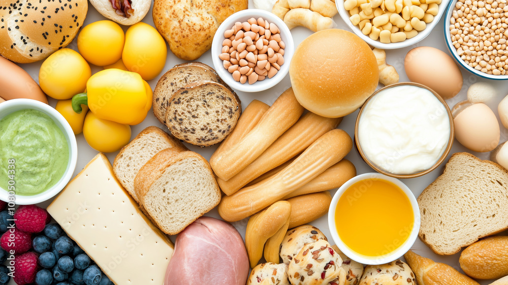 Assortment of fresh bread, dairy, and produce for a wholesome breakfast