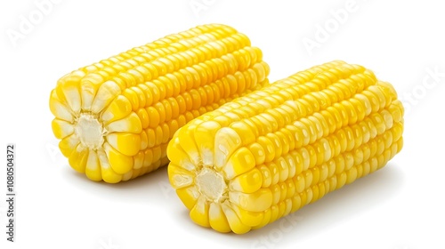 Two ears of fresh yellow corn on a white background.