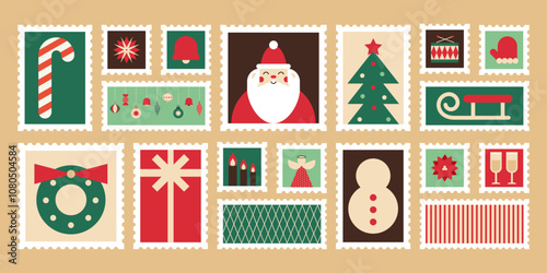 Christmas Holiday Geometric Postage Mail Stamp Sticker Set. Vector
