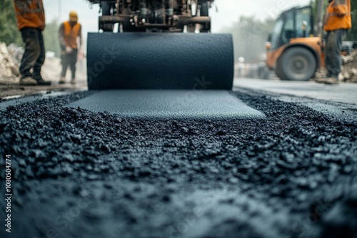 Close up of asphalt laying process  roller applying black top with workers in background photo