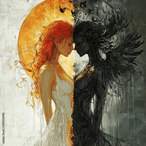 paint two sides of woman like sun and moon or light and the dark like she is an angel but wit demons inside her