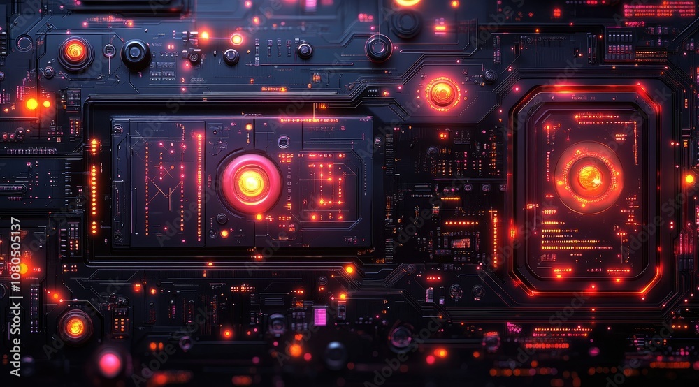 Close-up of a futuristic circuit board with glowing red lights. Close-up of a futuristic circuit board with glowing red lights.