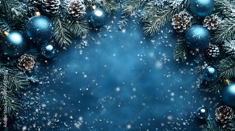 A blue background with snowflakes and Christmas ornaments on the tree, creating a festive winter atmosphere.
