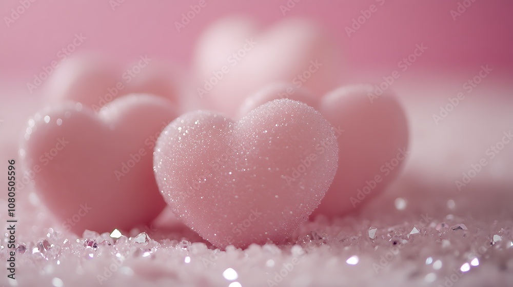 A close-up of pink heart-shaped candies sprinkled with sugar on a soft background, evoking sweetness and love. A close-up of pink heart-shaped candies sprinkled with sugar on a soft background, evoking sweetness and love.