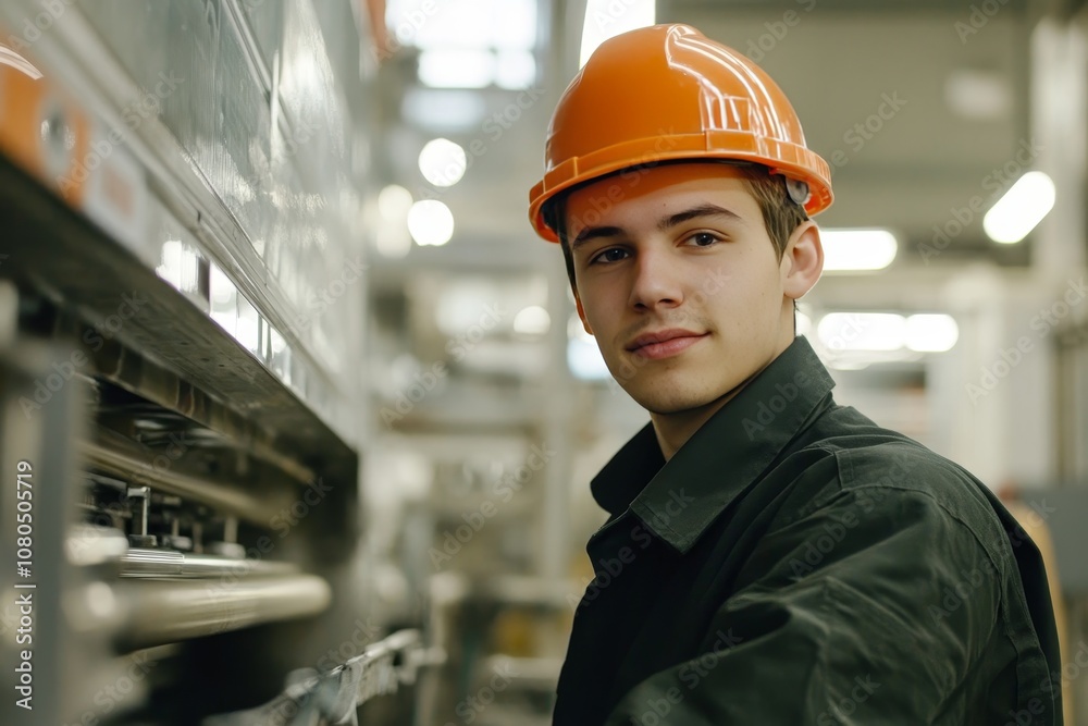Young technician in orange hard hat operating machinery inside industrial factory environment Young technician in orange hard hat operating machinery inside industrial factory environment