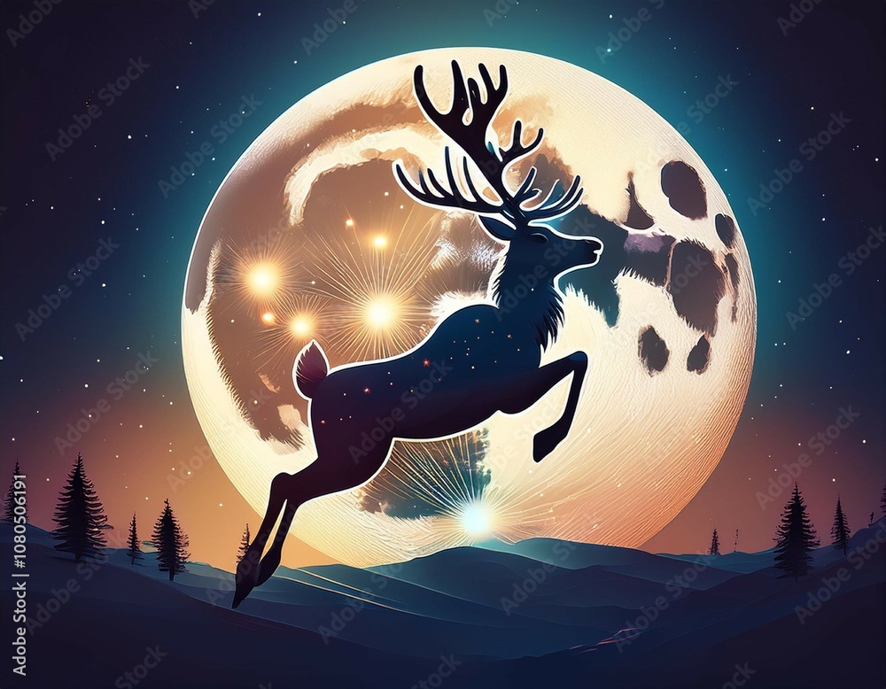 Naklejka premium a reindeer leaps through the air in front of a large full moon