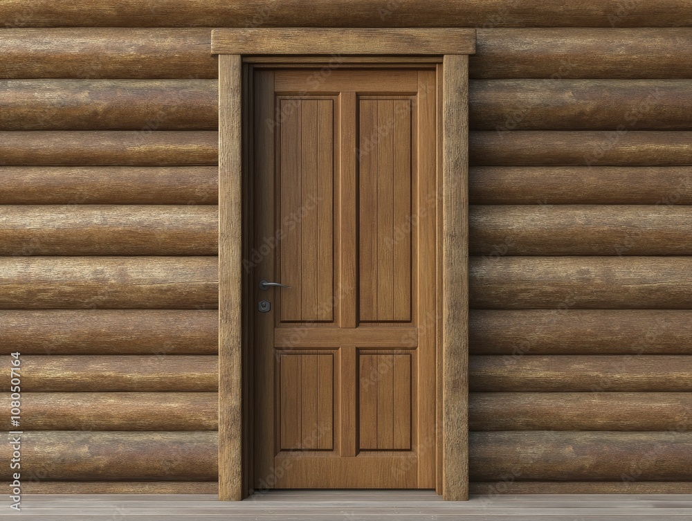 Welcoming log cabin entrance, warm brown backdrop, dimensional artwork. Welcoming log cabin entrance, warm brown backdrop, dimensional artwork.