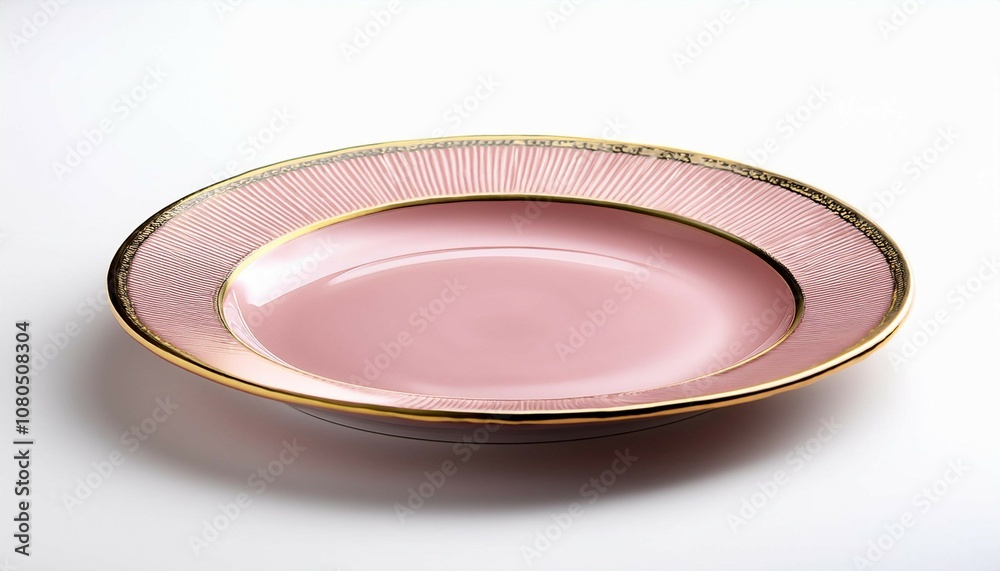 a pink dinner plate with a gold rim sits on a white surface a pink dinner plate with a gold rim sits on a white surface