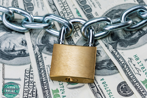 Chain with lock on the dollar banknotes. Business safety or financial protection or restriction access or ban dollars.