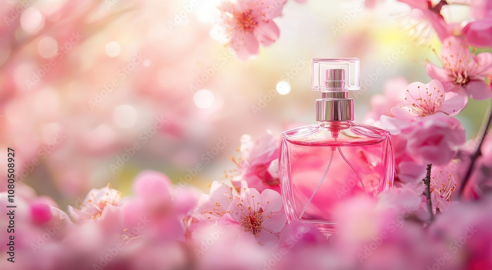 A delicate perfume bottle surrounded by cherry blossoms, evoking a sense of freshness and floral elegance in a soft, dreamy atmosphere.