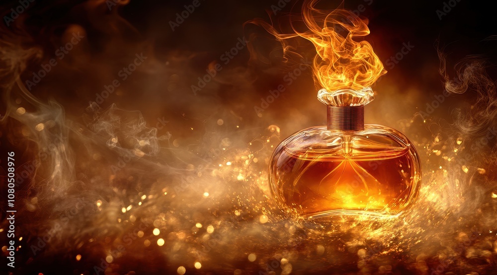 A glowing, ornate bottle of perfume with flames erupting from the top, set against a shimmering, mystical background. A glowing, ornate bottle of perfume with flames erupting from the top, set against a shimmering, mystical background.