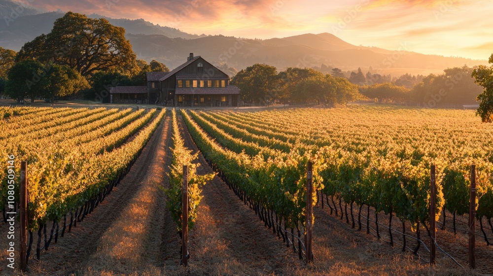 Fototapeta premium A beautiful vineyard landscape at sunset, showcasing rows of grapevines and a rustic winery in the background, inviting exploration.