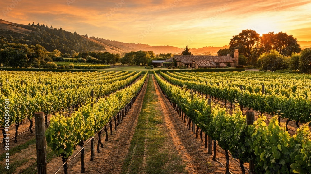 Obraz premium A beautiful vineyard landscape at sunset, showcasing rows of grapevines and a rustic winery in the background, inviting exploration.