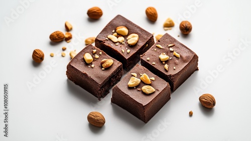 Four square chocolate brownies topped with assorted nuts on a white background, surrounded by scattered whole nuts. photo