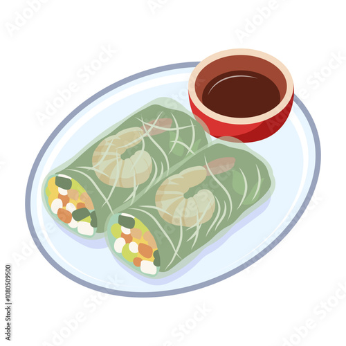 Shrimp spring rolls served on a plate with dipping sauce. Vector illustration