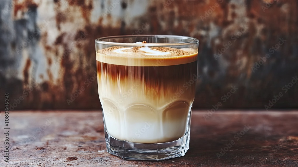 A beautifully crafted cortado served in a glass cup, showcasing the layers of espresso and milk against a rustic backdrop A beautifully crafted cortado served in a glass cup, showcasing the layers of espresso and milk against a rustic backdrop