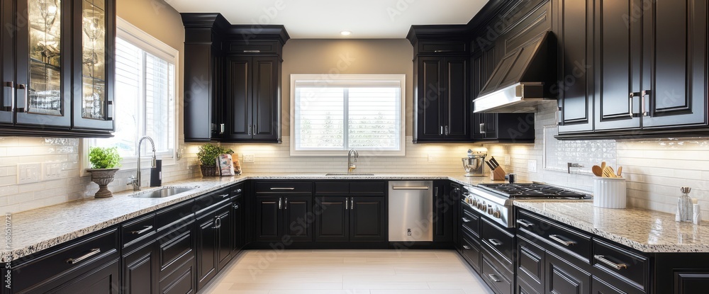 Modern Kitchen with Black Cabinets and Granite Countertops Modern Kitchen with Black Cabinets and Granite Countertops