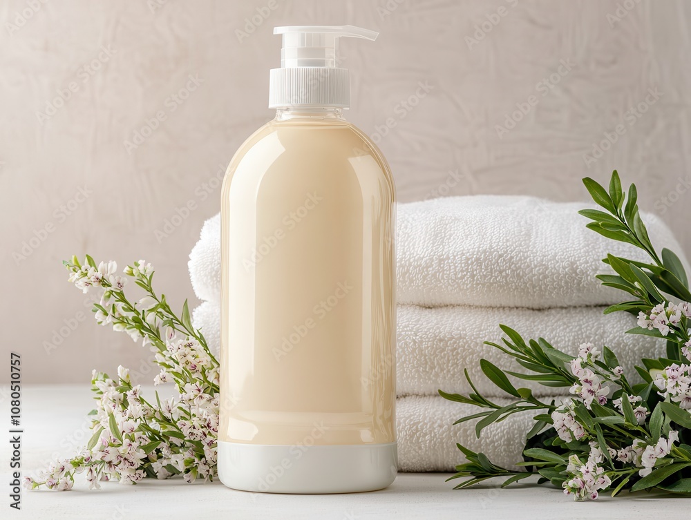 A beige soap dispenser placed beside stacked white towels and fresh floral branches, creating a serene and spa-like ambiance perfect for relaxation. A beige soap dispenser placed beside stacked white towels and fresh floral branches, creating a serene and spa-like ambiance perfect for relaxation.