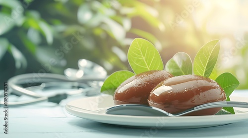 Healthy kidney-shaped fruit on white plate with fresh green leaves, symbolizing kidney health and wellness, surrounded by medical instruments. photo