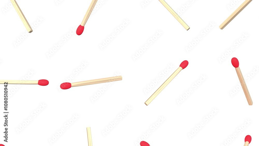 3D Render of Falling Wooden Matchsticks with Red Tips on a White Background. 4K 3D Render of Falling Wooden Matchsticks with Red Tips on a White Background. 4K